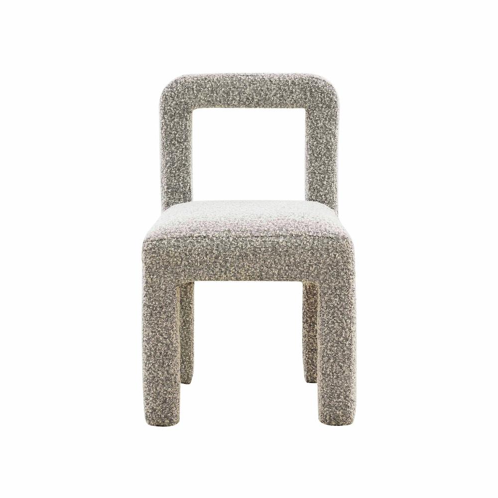 Gray boucle fabric dining chair with fiber-wrapped foam seat and plywood support