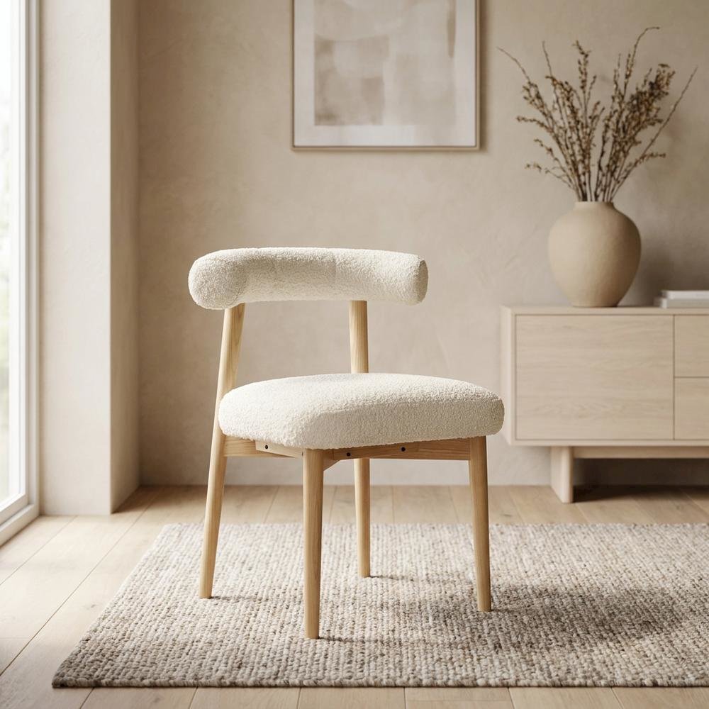 Boucle Accent Chair with Ash Wood Legs for Living Room or Bedroom, Cream