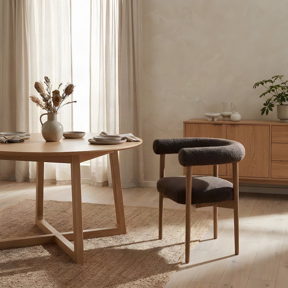 Boucle Upholstered Dining Chair with Ash Wood Legs for Kitchen, Chocolate Brown