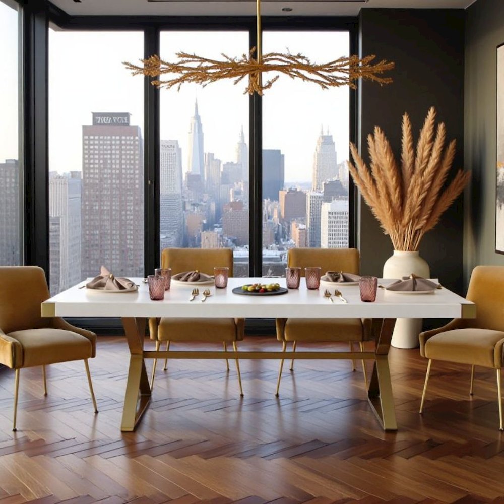 White Wood Dining Table With Gold Stainless Steel Base And Modern Design