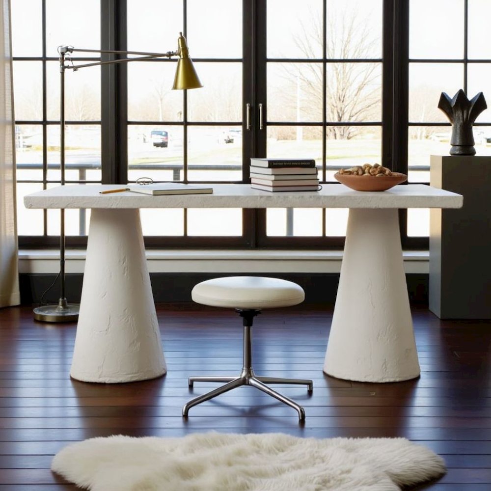White Faux Plaster Modern Desk With Sculptural Shape And Minimalist Form