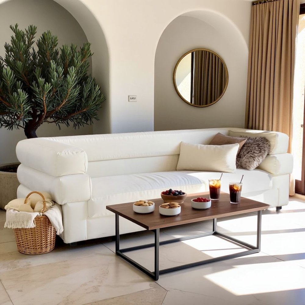 Cream Velvet Cream Couch For Living Room With Wood Frame And Stacked Arms