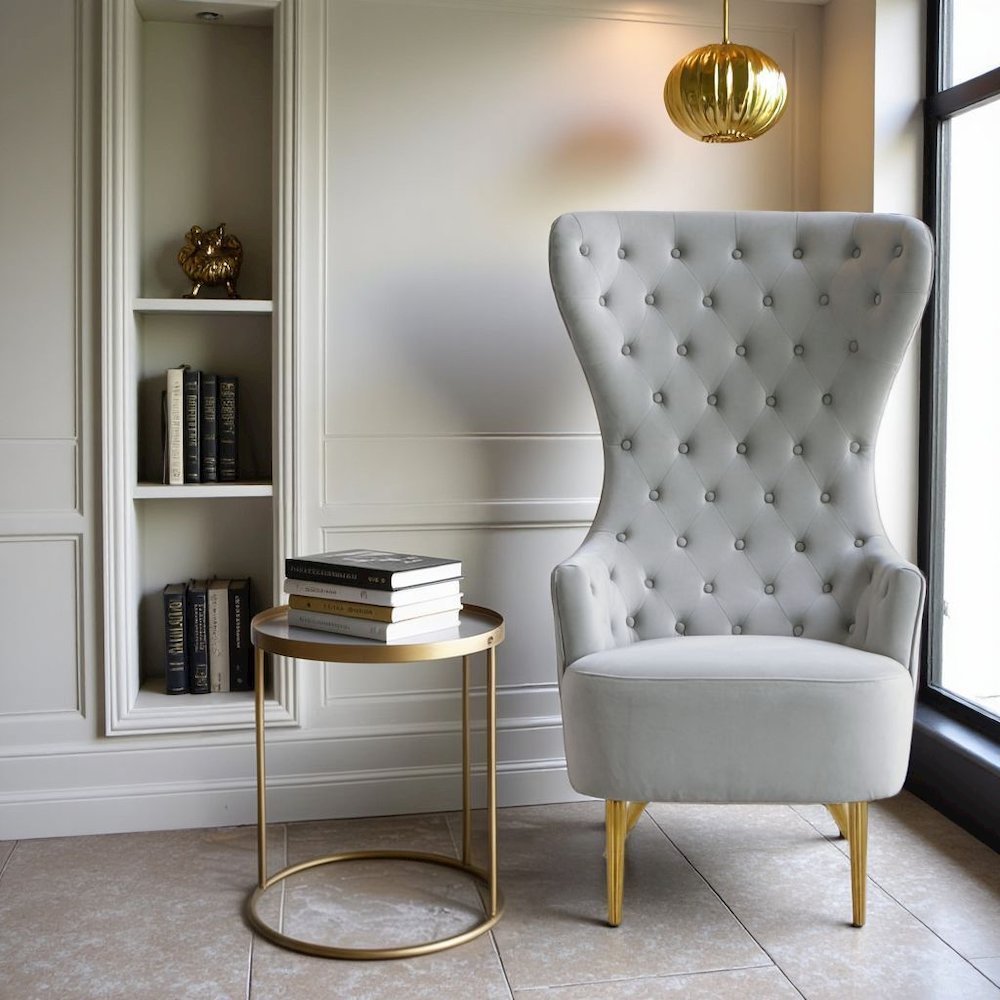 Gray Velvet Wingback Chair With Tall Back, Button Tufting, Gold Legs