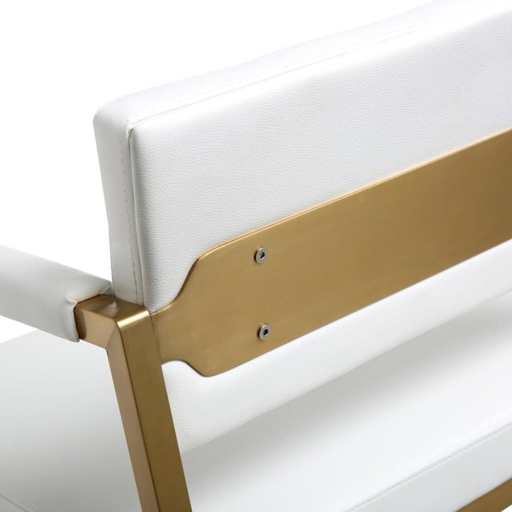 White Faux Leather Bar Stool With Gold Steel Frame And Back Support Arms