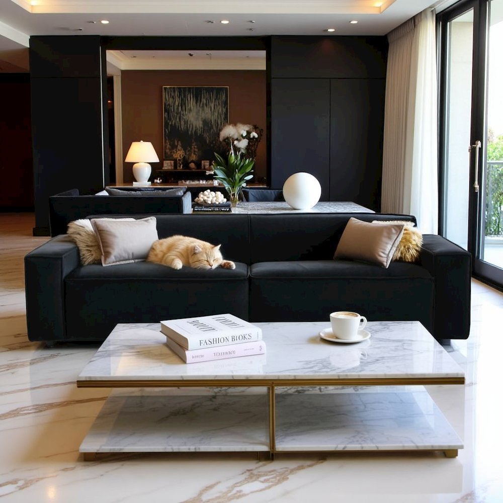 Black Velvet 3 Seater Couch With Piped Detailing And Wide Arm Profile