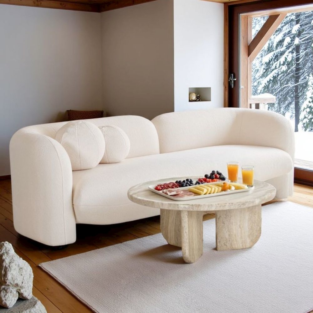 Beige Fluffy Round Couch For 6 With Faux Fur And Pillows, Modern Sofa Style