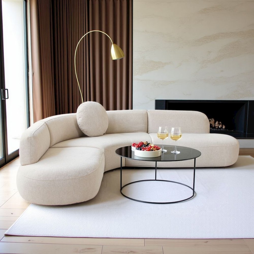 Beige Linen Sectional Sofa With Curved Frame, A Modern Couch For 4 People