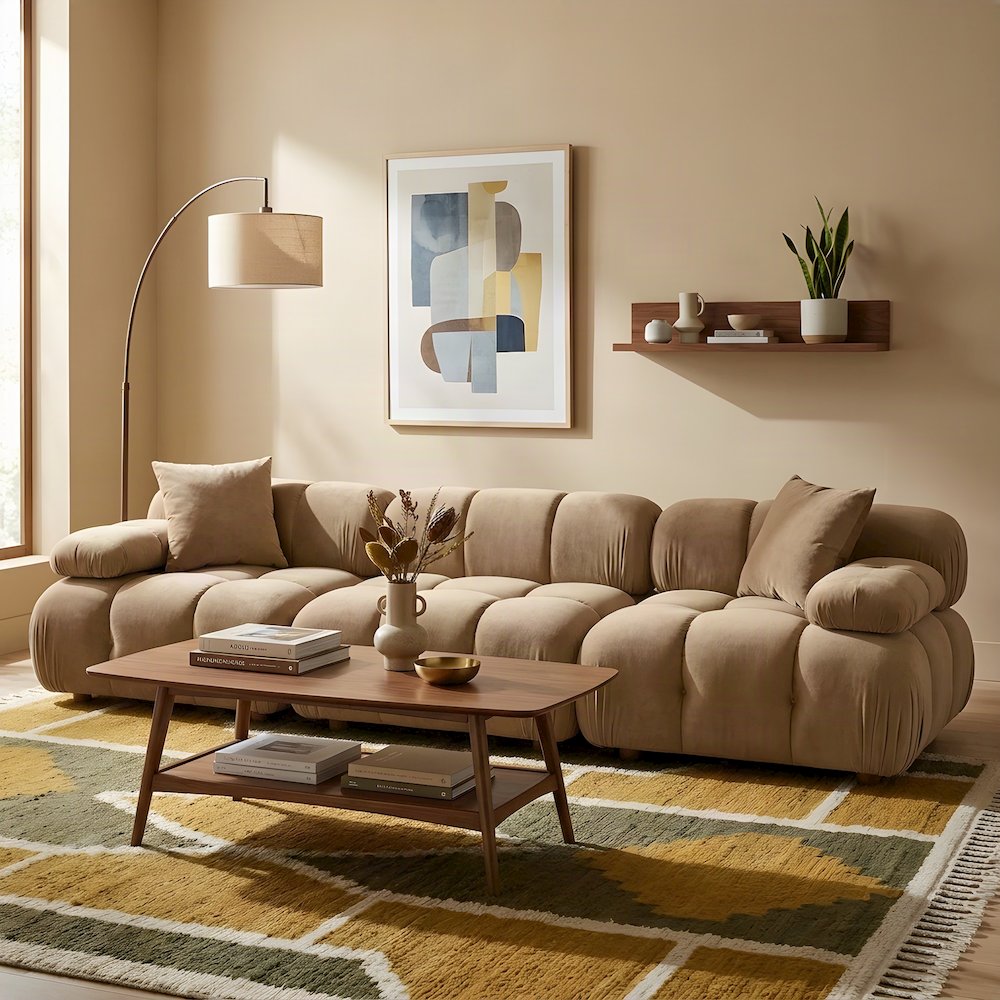 Performance Velvet Modular Sofa with S-Spring Sectional Couch, Cafe Au Lait