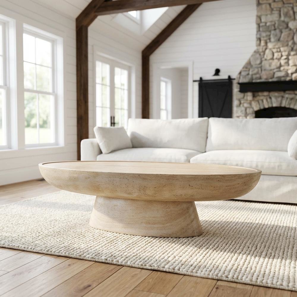 Gray Concrete Coffee Table with Textured Faux Travertine Legs, Durable Surface