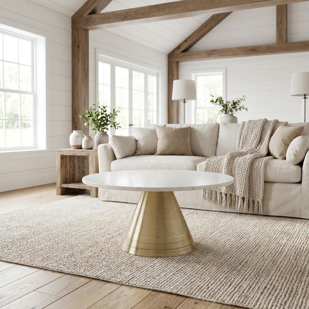 White Marble Coffee Table with Gold Legs, Single-Piece Design for Stylish Living