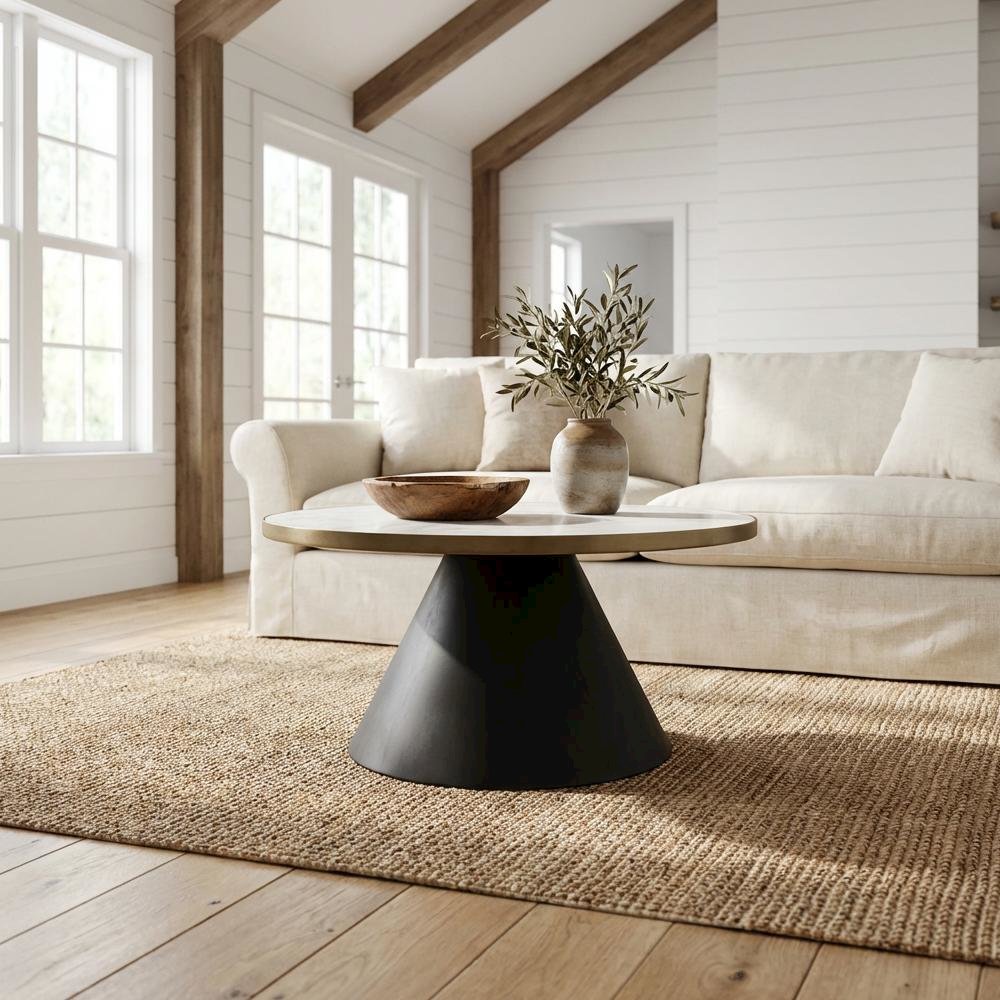 Black Marble Coffee Table with Iron Frame and Gold Accents for Living Room