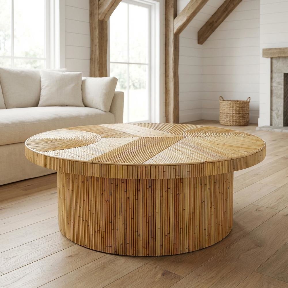 Brown Rattan Veneer Coffee Table with Mahogany Legs and Sturdy Wood Design