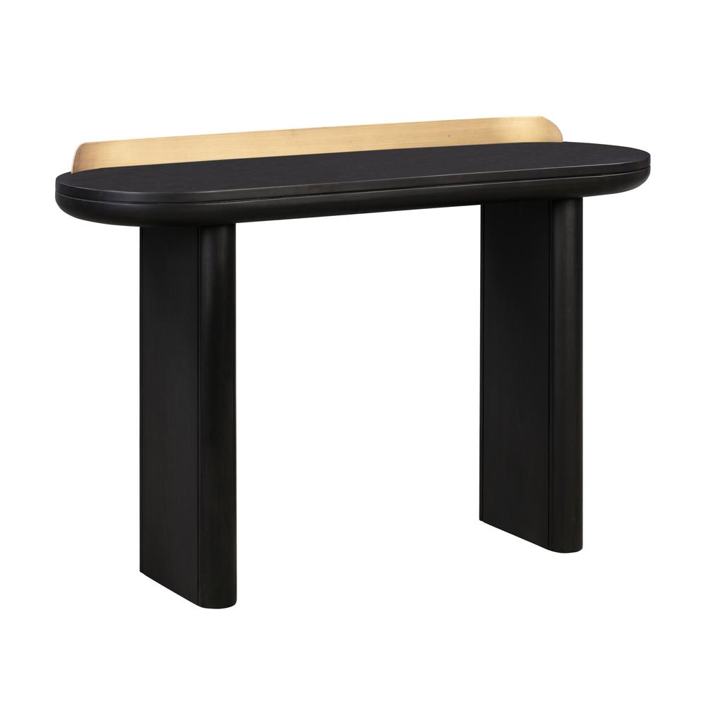 Black minimalist desk with adjustable shelf and sleek leg design