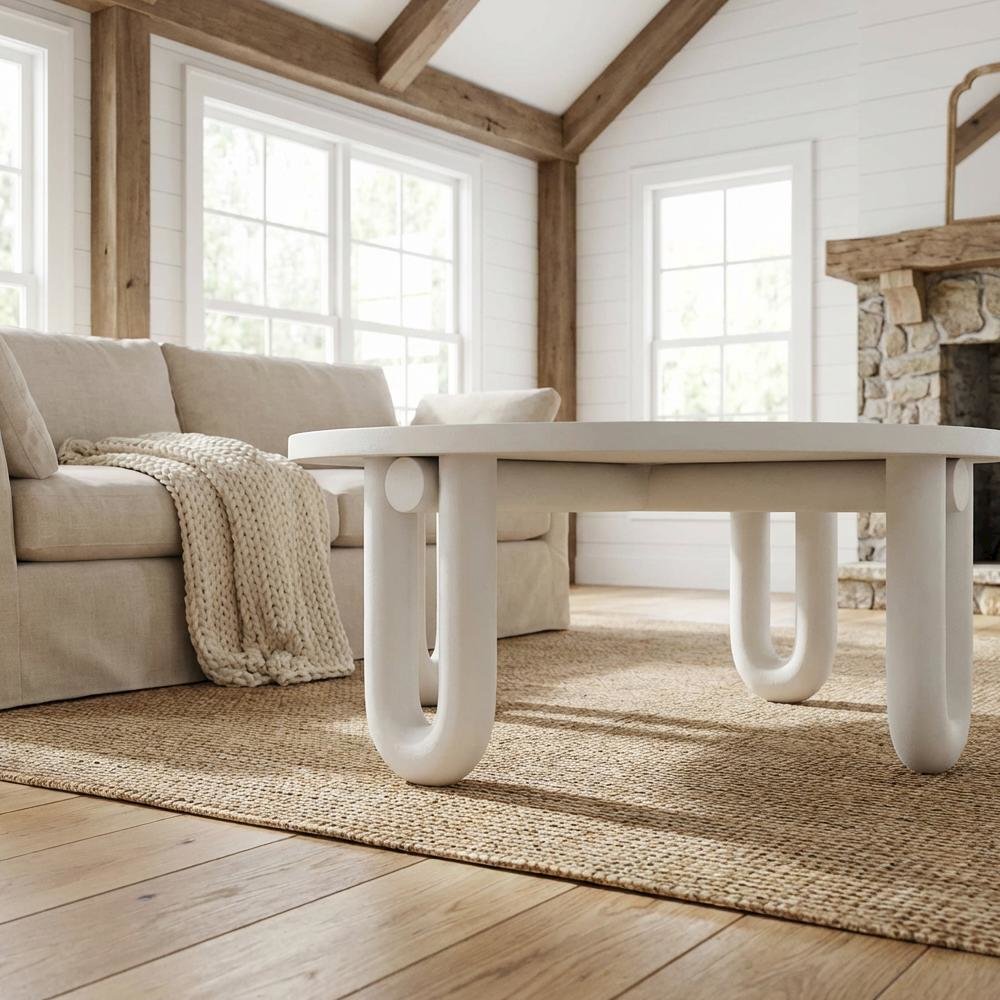 White Concrete Coffee Table with Solid Legs and 1-Piece Durable Design