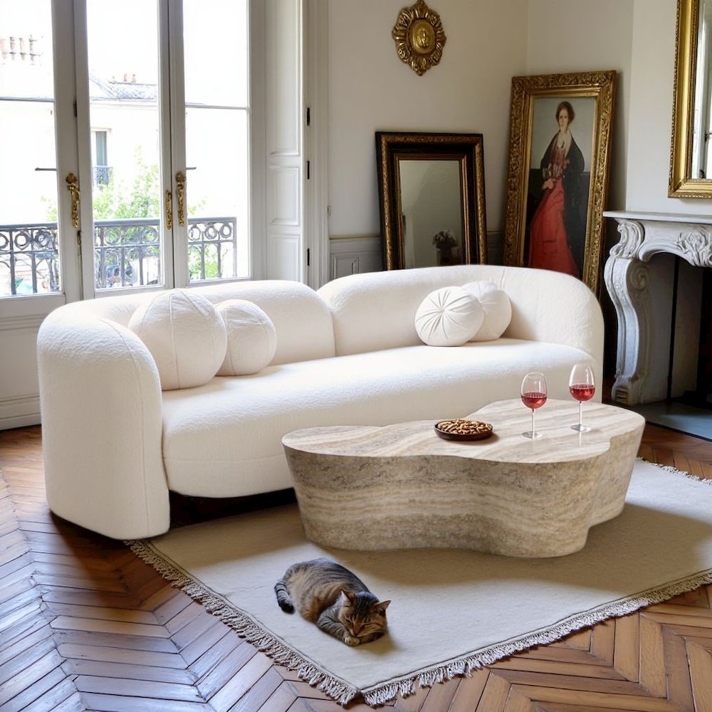 Modern Beige Stone Coffee Table with Marble Veneer Concrete Finish
