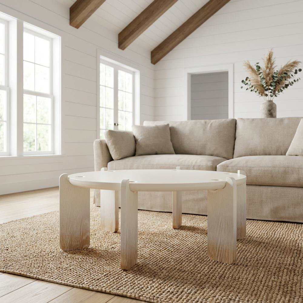 Beige MDF and Oak Coffee Table with Cream Legs and Sturdy Design
