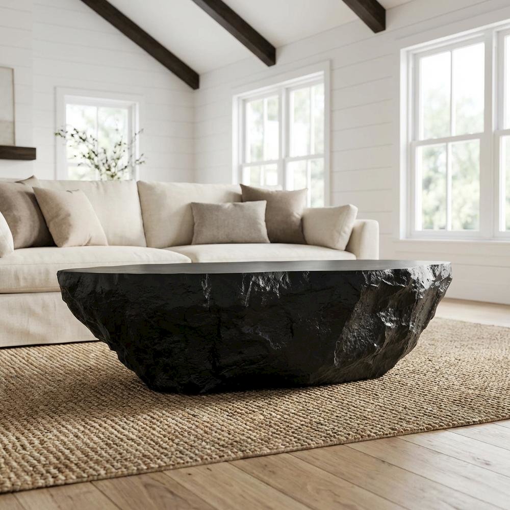 Black Concrete Coffee Table, Sturdy Design and Smooth Surface for Living Areas