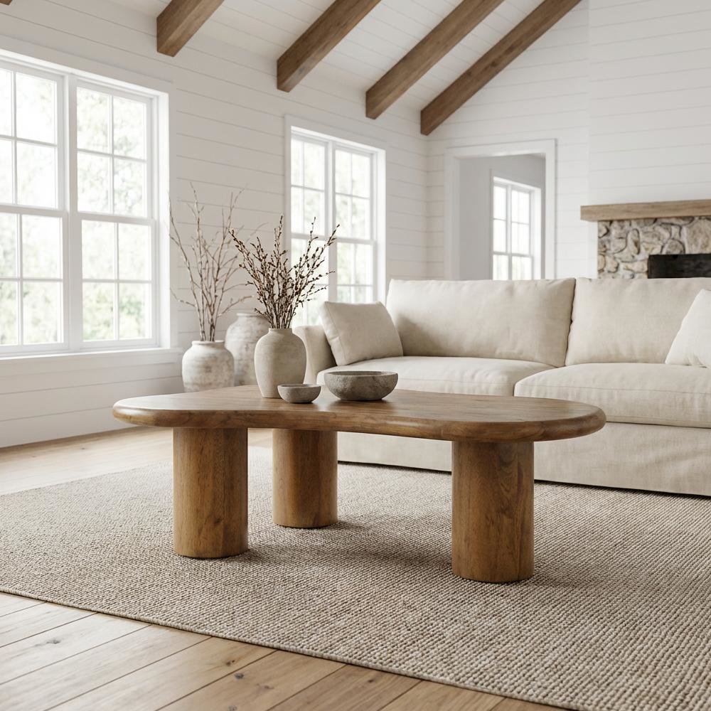 Brown Cognac Coffee Table with Acacia Legs and Plywood Top Durable Wood Surface