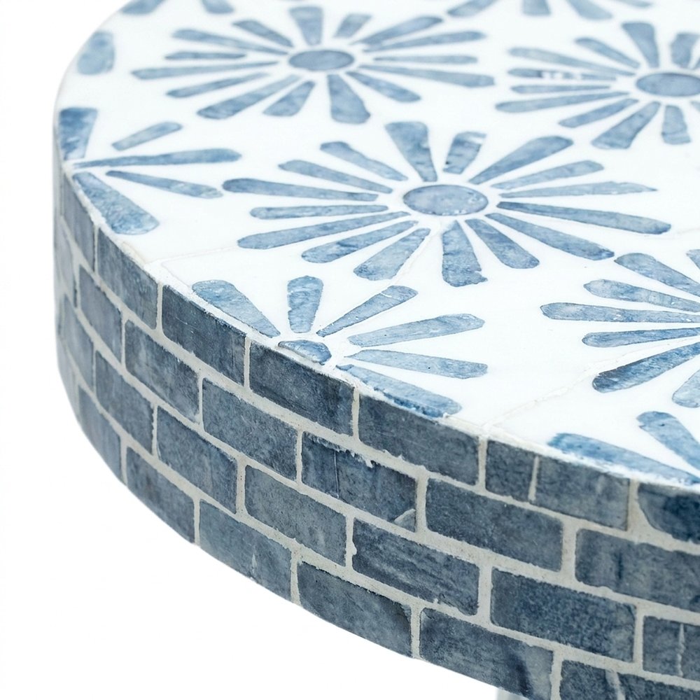 Shell-Inlay Floral Mosaic Side Table with MDF Base, Accent Nightstand, Blue