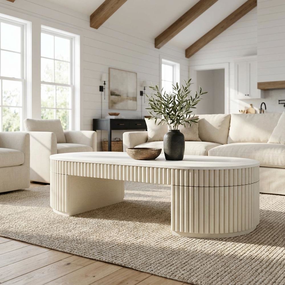 Beige Oval Coffee Table with Acacia Wood Legs and MDF Frame for Living Room