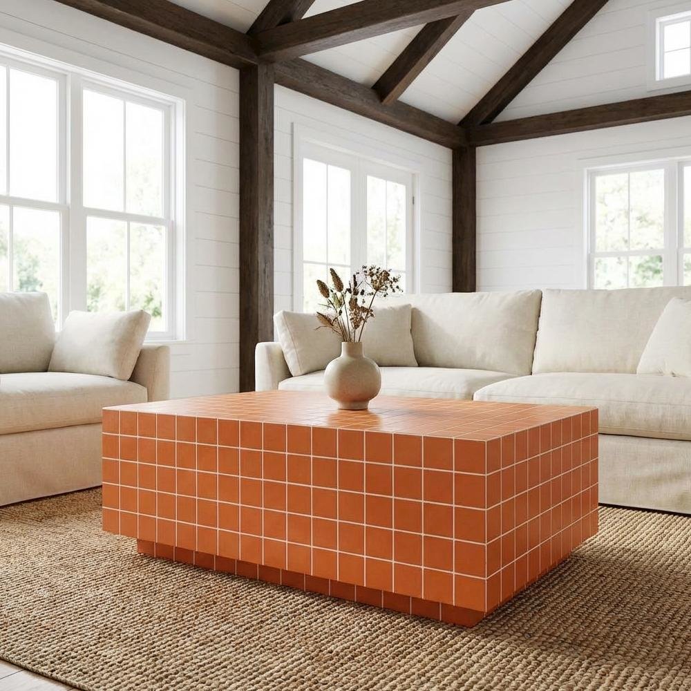 Orange Concrete Indoor Outdoor Coffee Table with Brick Legs and Durable Design