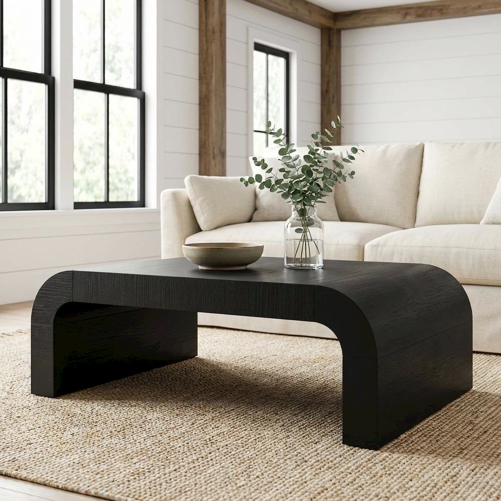 Black Coffee Table with Acacia Wood Legs and MDF Veneer Top for Living Room