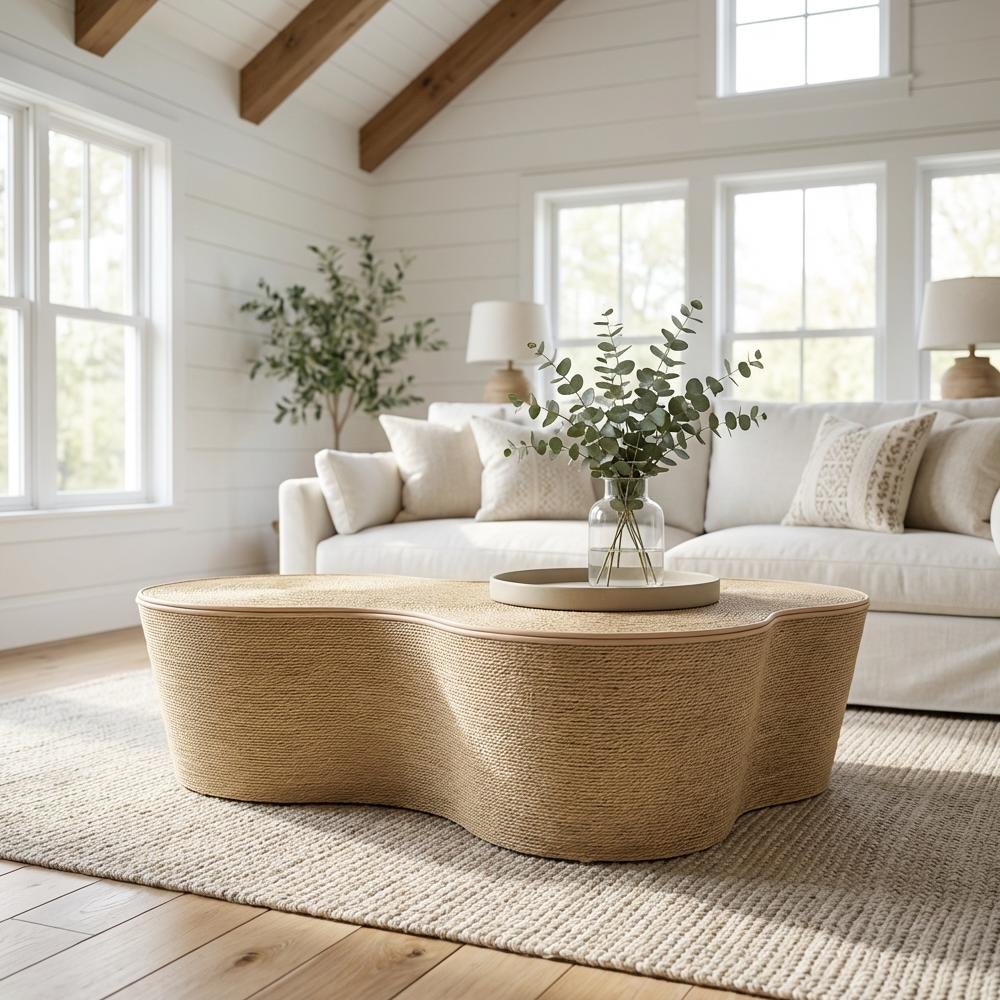 Brown Seagrass Coffee Table with MDF Top and Spacious Storage Surface
