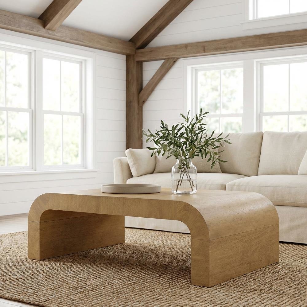 Brown MDF Wood Coffee Table with Rubberwood Legs and Veneer Top