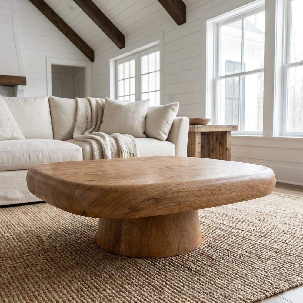 Brown Concrete Indoor Outdoor Coffee Table with Earth-toned Legs, Sturdy Design