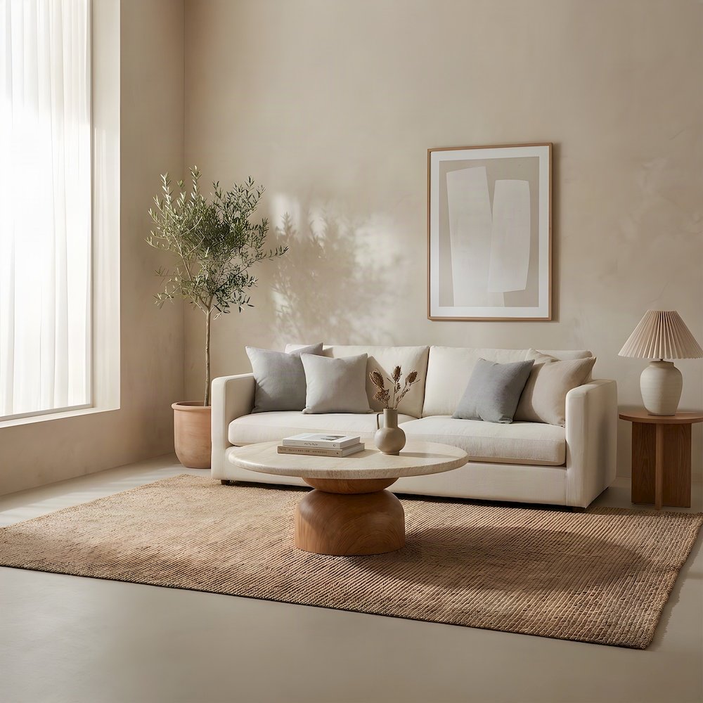 Cynthia Round Concrete Coffee Table, Travertine Finish, Indoor/Outdoor, Brown
