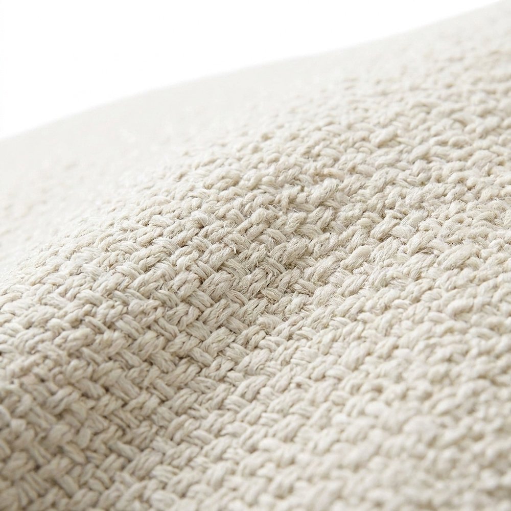 Linen-Upholstered Round Ottoman Foot Stool with Fiber-Wrapped Foam, Beige