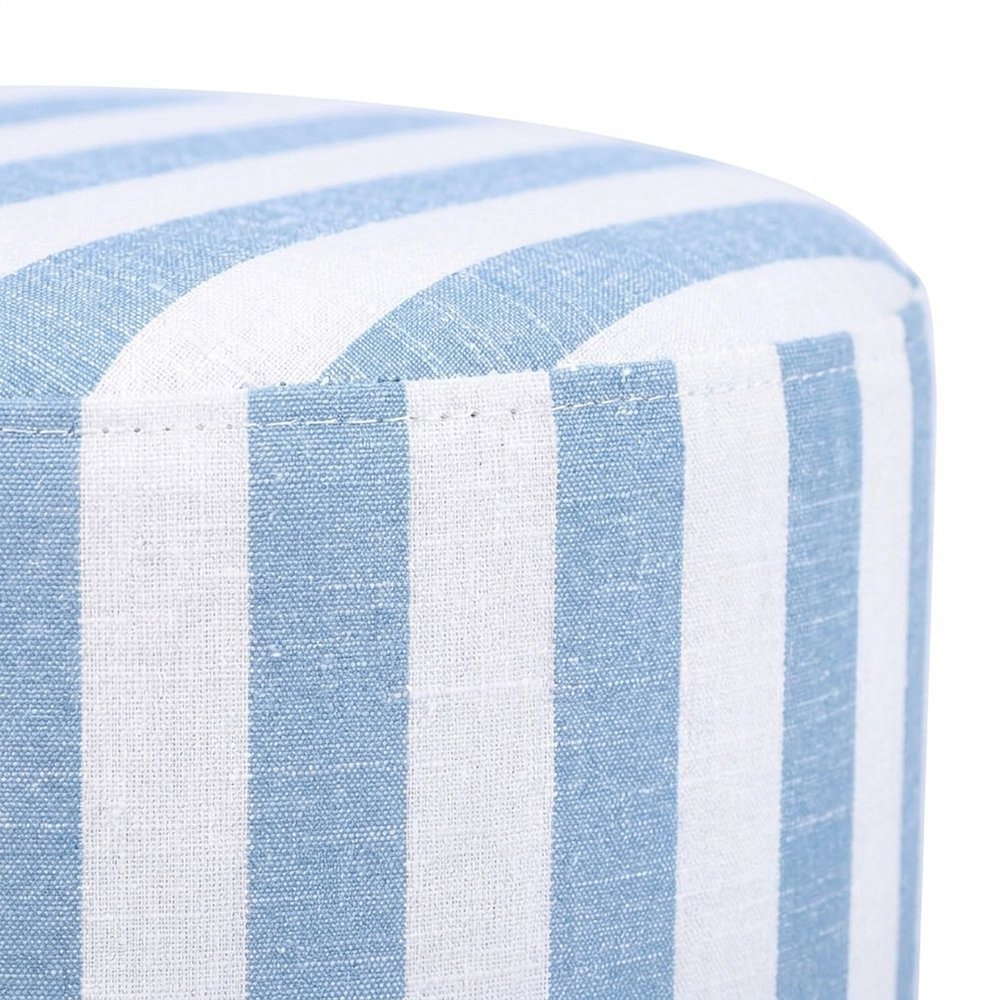 Striped Linen Ottoman with Rubberwood Legs and Foam Padded Seat, Blue