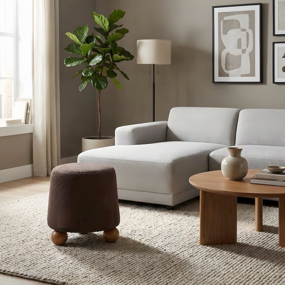 Boucle-Upholstered Footstool Ottoman with Plywood Support and Wood Legs, Brown
