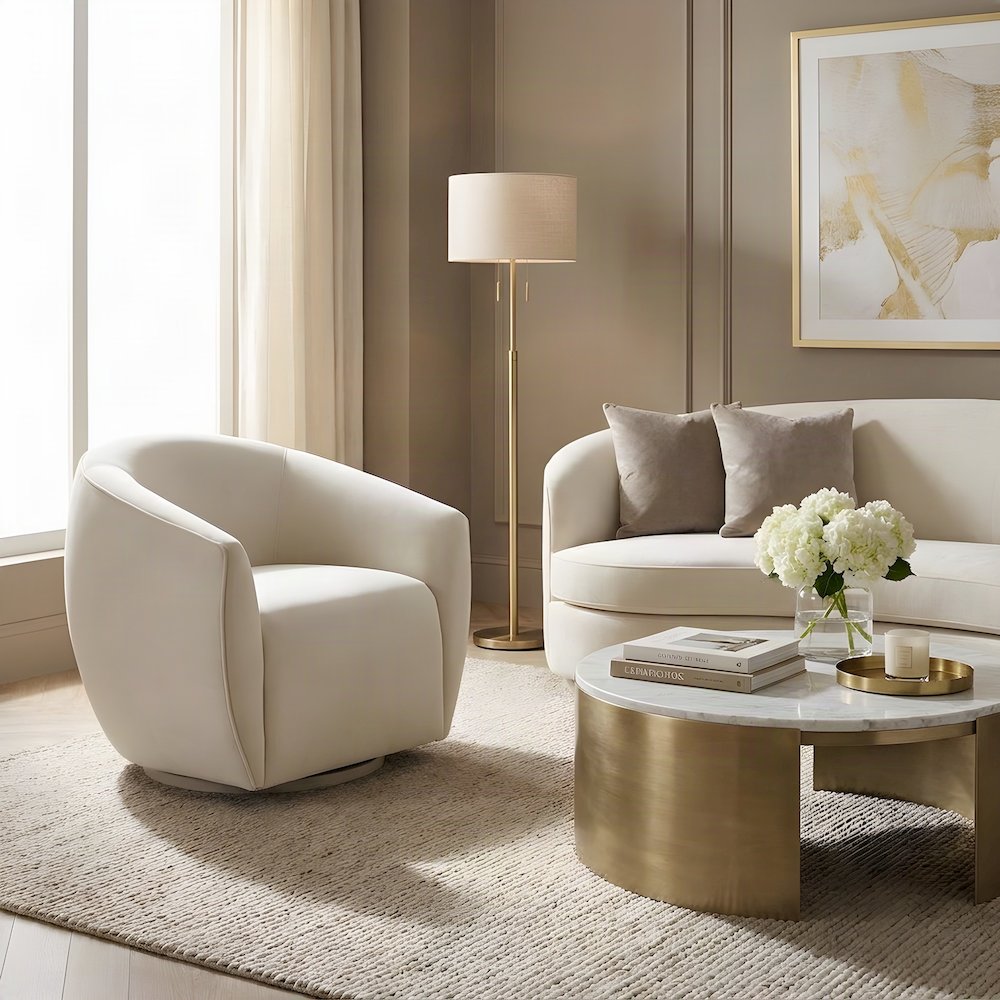 Jordan Velvet Swivel Accent Chair with Fiber-Wrapped Foam Cushion Seat, Cream