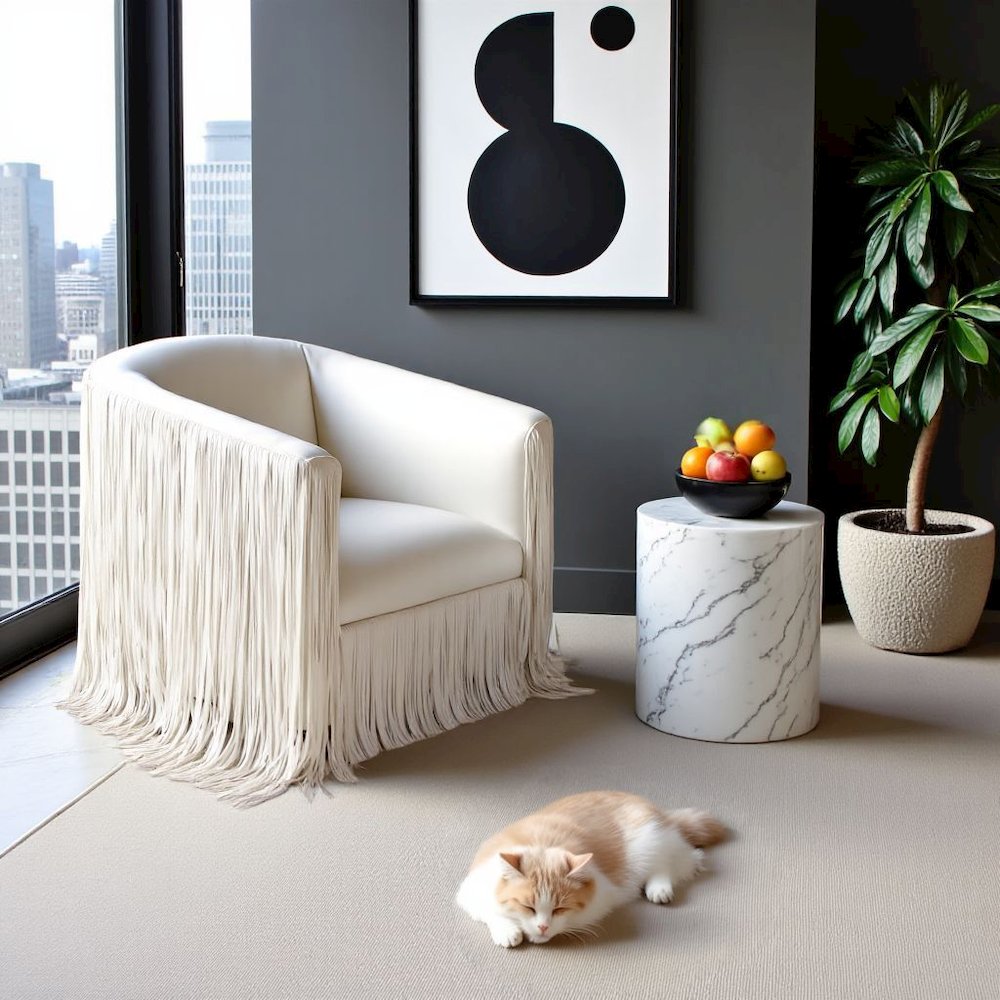 Beige Leather Swivel Accent Chair With Wood Frame And Sculpted Contours