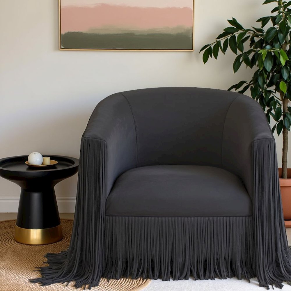 Black Leather Swivel Accent Chair With Wood Frame And Sculpted Contours