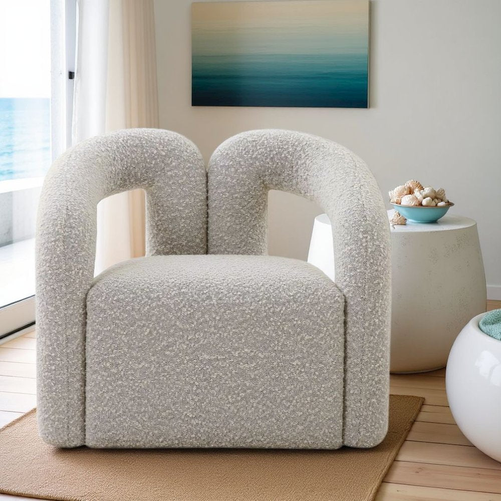 Gray Boucle Accent Chair With Sculptural Arms And Postmodern Silhouette