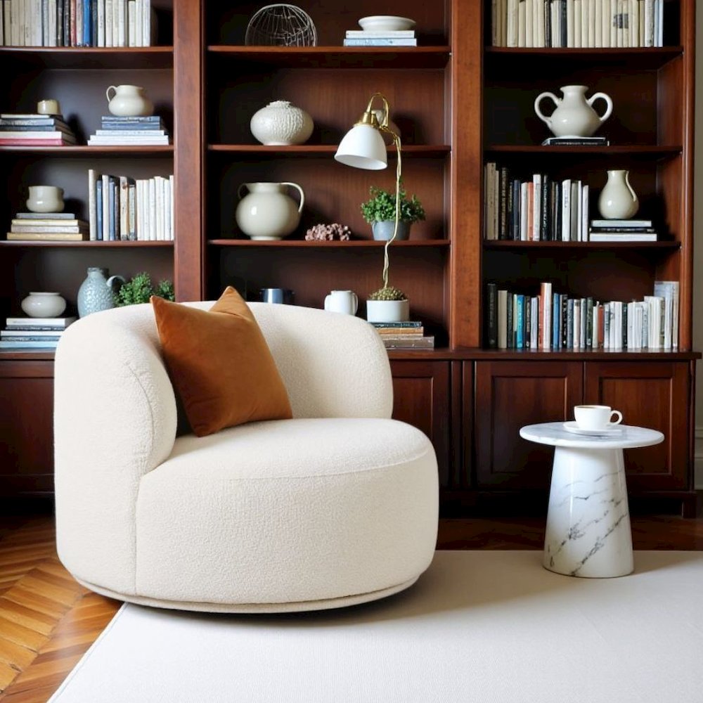 Cream Boucle Swivel Accent Chair With Armless Design For Living Spaces