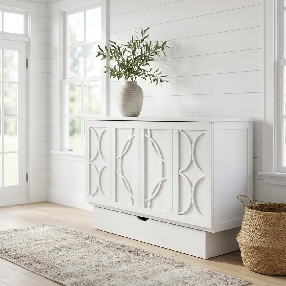 White Wood Queen Cabinet Bed Free Standing Sleeper with Usable Top Surface