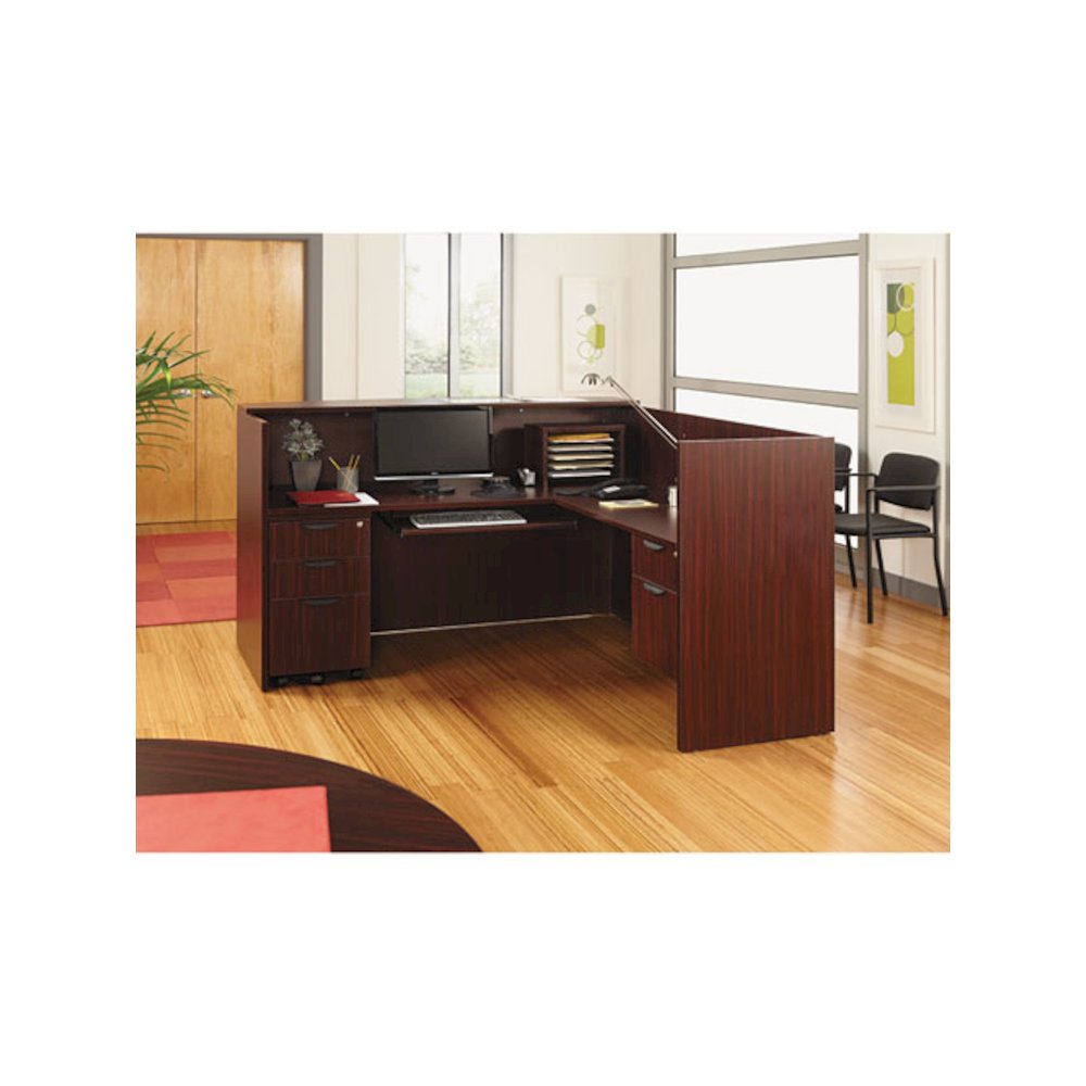 Alera Valencia Series Reception Desk with Transaction Counter, 71" x 35.5" x 29.5" to 42.5", Mahogany