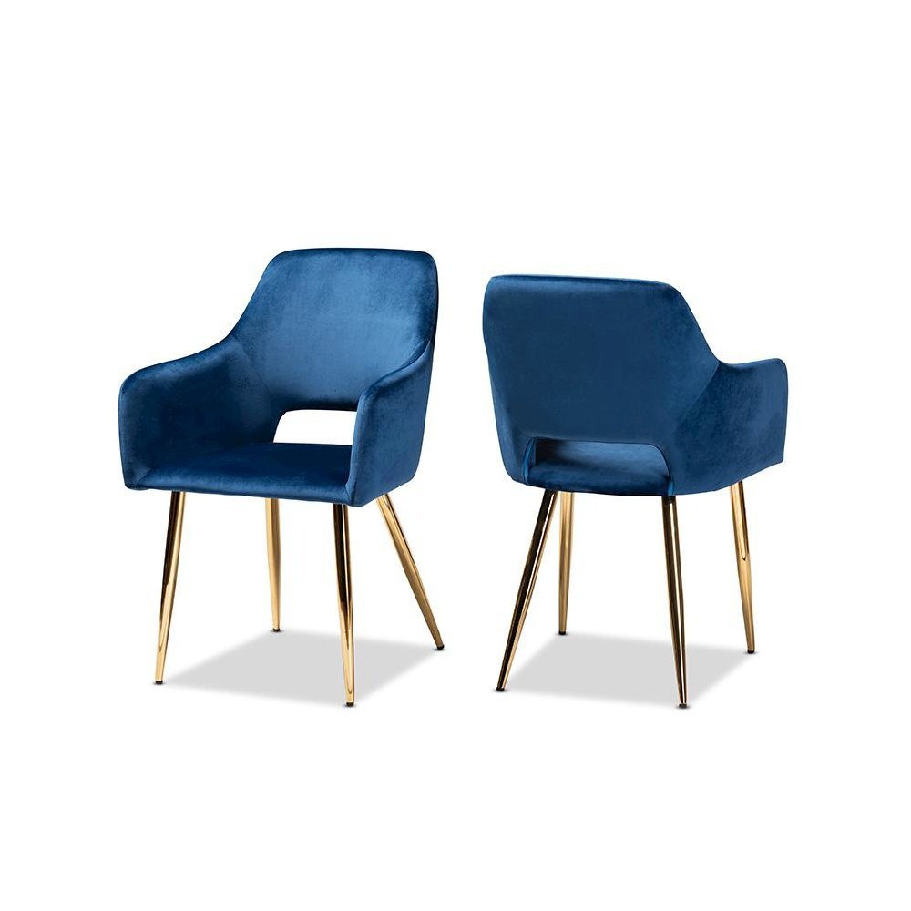 Polyester Upholstered Metal Dining Chairs, Navy Blue/Gold, Set of 2