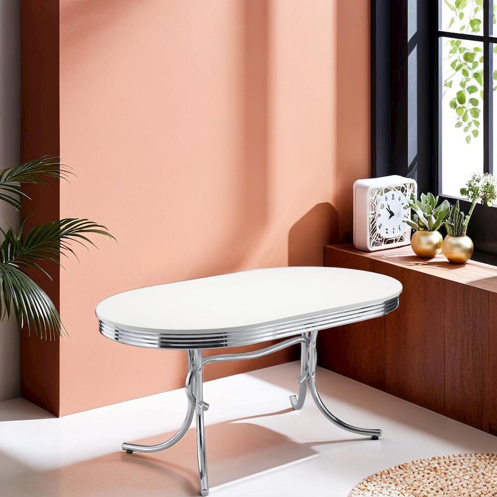 Sleek Silver Oval Dining Table with Glossy White Top and Chrome Accents