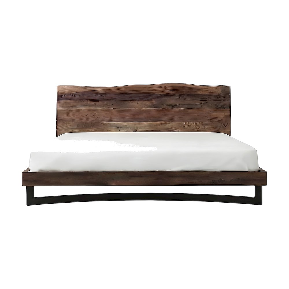 Solid Acacia King Platform Bed with Live-Edge Headboard and Iron Legs