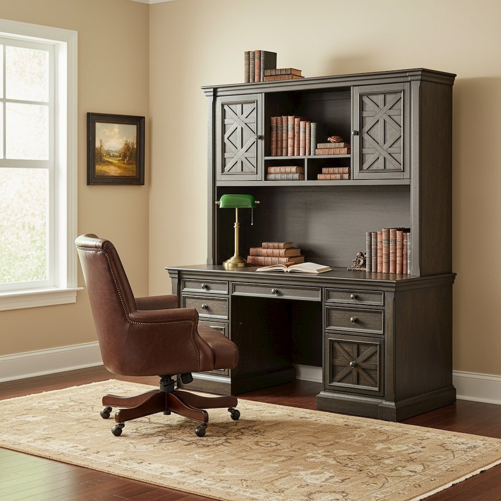 Wood Hutch With Doors, Fully Assembled, Center Open Storage, Brown Finish