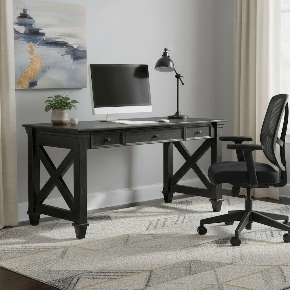 Traditional Wood Writing Desk, 3 Drawers, Power Center, Dark Brown