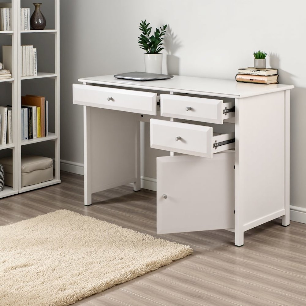 White Office Desk – Compact Wooden Desk with Drawers for Workspaces