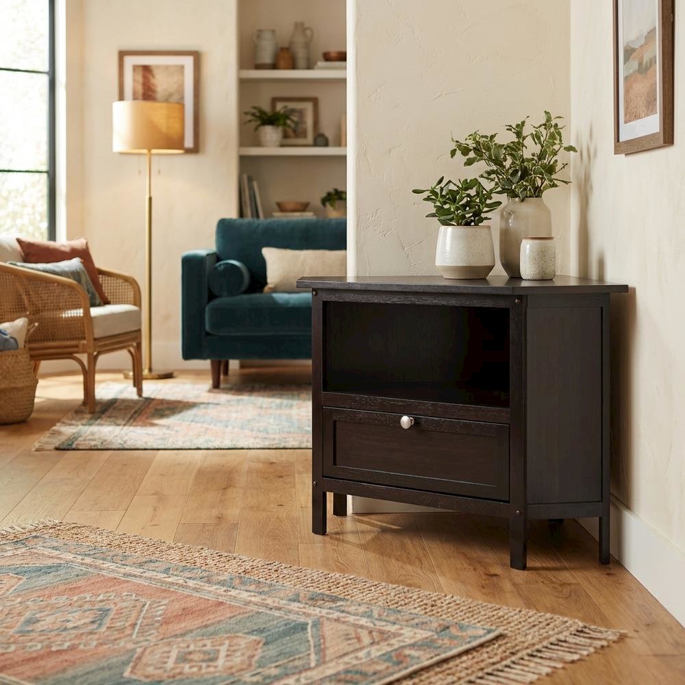 Solid Wood Corner TV Stand With Storage Flip Down Door And Open Shelf