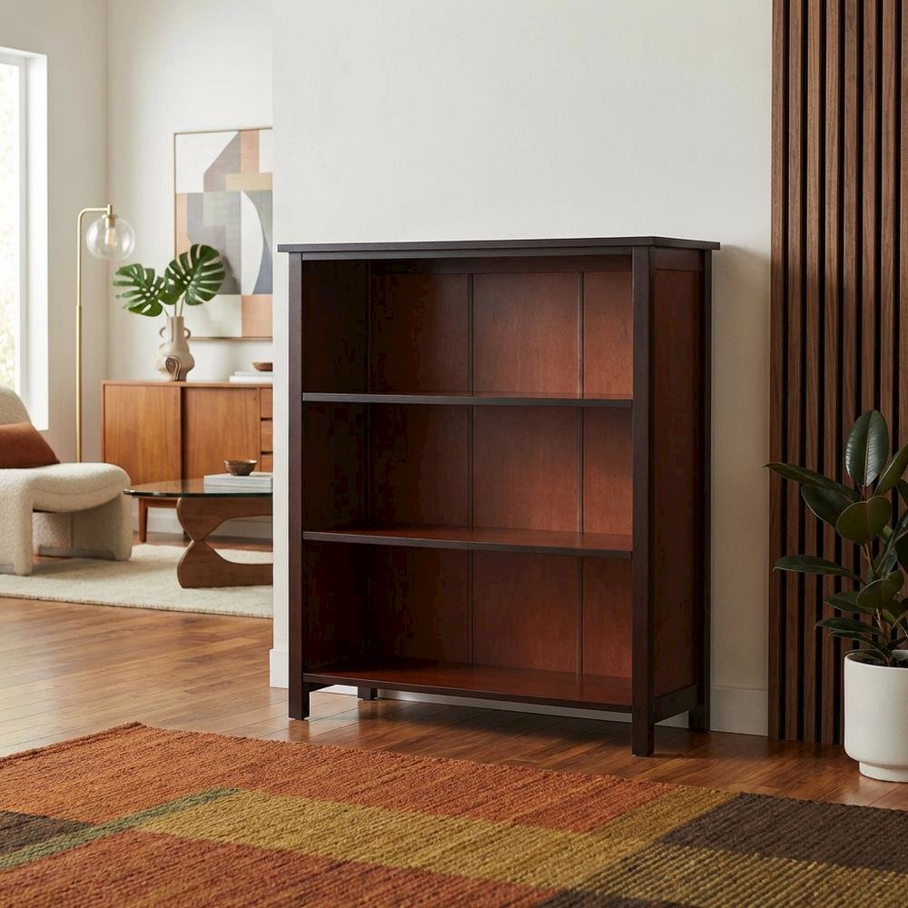 3-Tier Wide Bookcase, Storage Shelf, Solid Wood