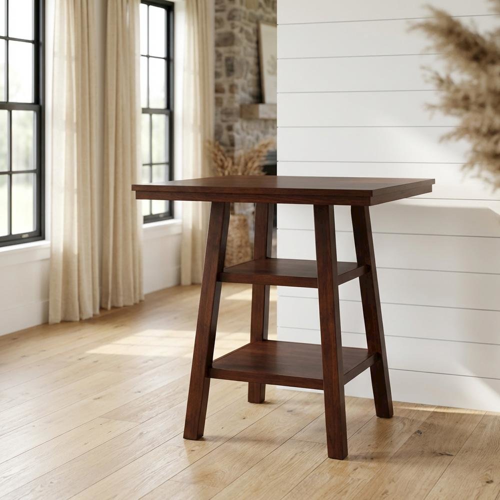 Wood High Bar Table with 2 Shelves, Transitional Pub Table for Dining Room,Brown