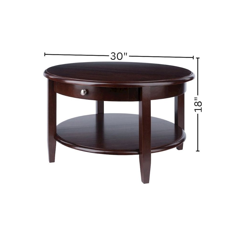 Round Coffee Table with Drawer & Shelf, Walnut Finish